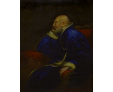 19thC School. Regal gentleman with blue cloak, oil, 17cm x 12.5cm.
