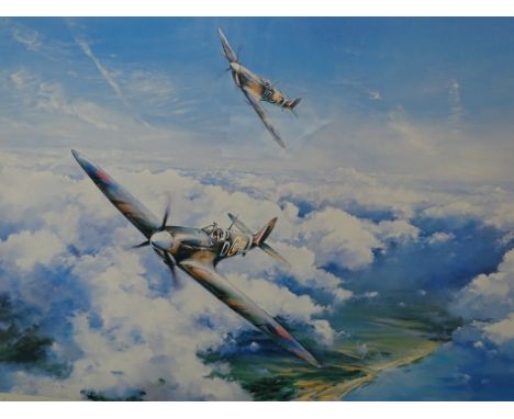 After Robert Taylor. Spitfire, coloured print signed by Group Captain Sir Douglas Bader and Vice Marshal Johnnie Johnson, 50c