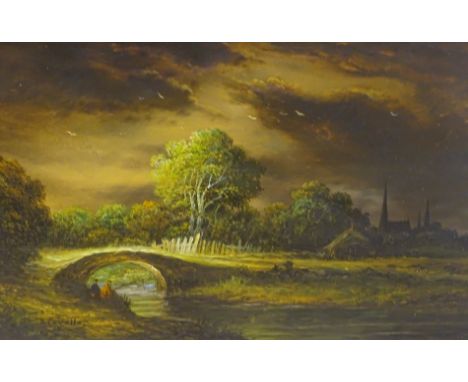 Ronald Cavalla (b.1940). Country riverscape with figures fishing on the bank, oil on board, signed, 12cm x 17.5cm.