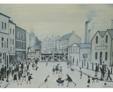 Laurence Stephen Lowry (1887-1976). The Crossing, artist signed coloured print, 44cm x 58cm.Provenance: Purchased on the 28th