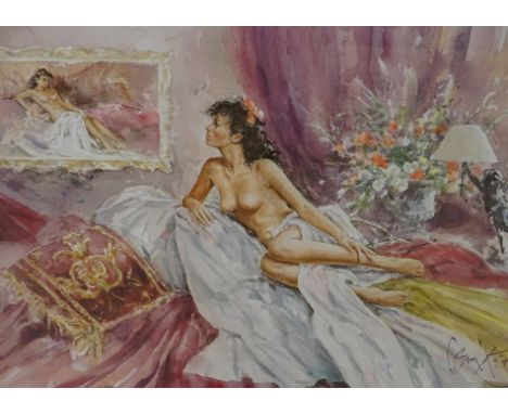 Gordon King (b.1939). The Portrait, artist signed limited edition coloured print 77/850, 52cm x 69cm. 