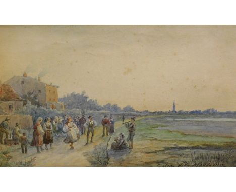 19thC Continental School.  Figures dancing in rural scene, watercolour, indistinctly titled, 14cm x 24cm.