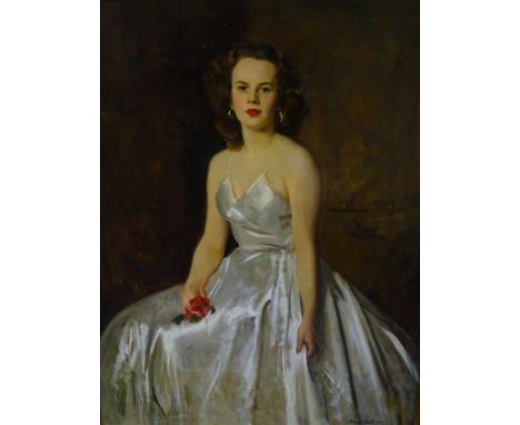 ? Johnson. Full length portrait of a lady in flowing dress holding a rose, 122cm x 97.5cm.