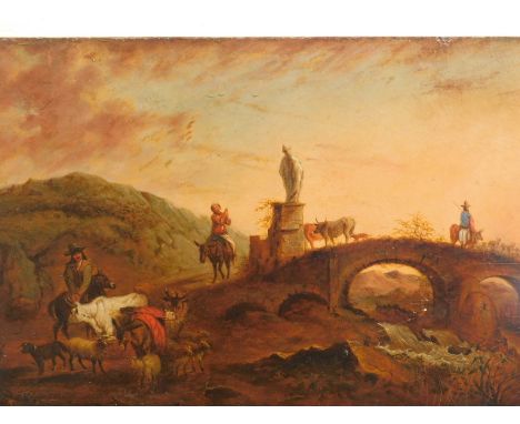 18thC Italian School.  Figures and animals by a bridge, oil on board, 27.5cm x 40.5cm