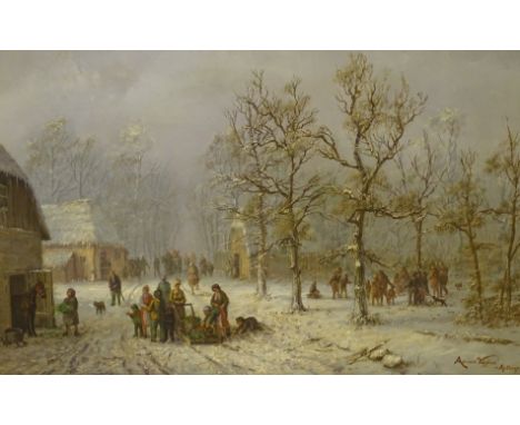 Adrian Viggazo. Winter scene with figures, sledges and animals, oil on panel, signed, 38.5cm x 58.5cm.