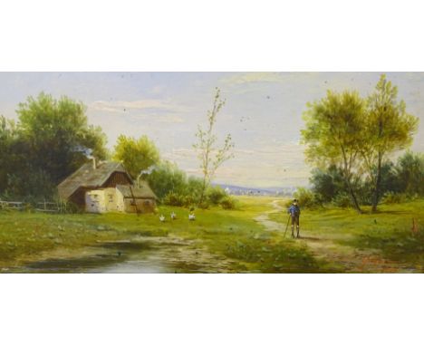 Adolf Kraufmann (1848-1916). Rural scenes with cottages and figures, oil on board - pair, signed S. Galdi, 15cm x 30cm.
