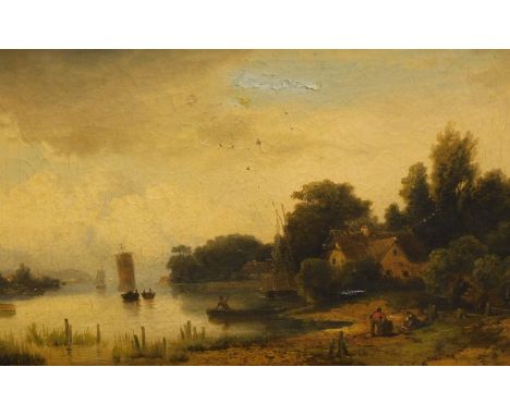 Julius Bayer (1840-1883).  River landscape with figures, oil on canvas, signed, 35.5cm x 56.5cm