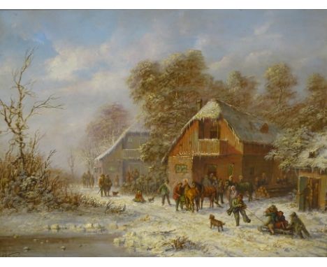 Adrian Viggazo. Winter scene with figures and horses, oil on panel, signed, 39cm x 49cm.