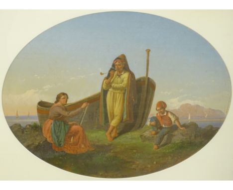 Salvatore Montullo (19thC/20thC). Figures in coastal scenes, oil on paper - pair, signed, 36cm x 41cm.