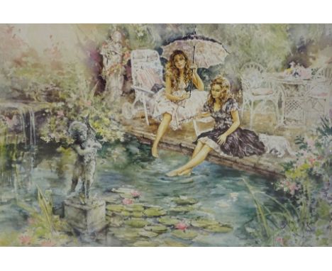 Gordon King (b.1939). Two young women by the lily pond, artist signed limited edition coloured print, 788/850, 50cm x 69cm.