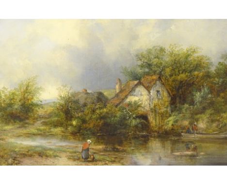 F. W. Watts (1800-1870). Rural landscape with figures by a river, titled The Mill Pool, label verso W.H. Patterson, 19 Alberm