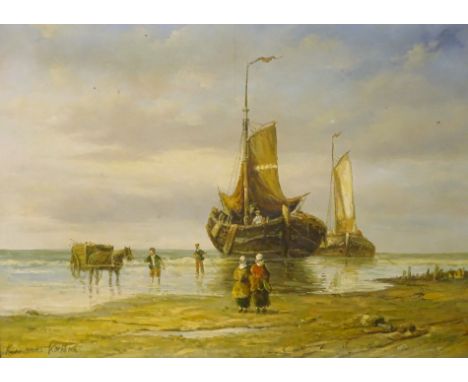 Hermanus Koekkoek (1836-1909). Dutch barges, horse cart and figures on seashore, oil on canvas, signed, 75cm x 100cm.