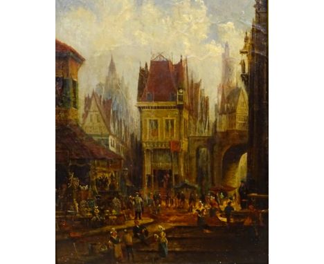 19thC Continental School. Town scene with numerous figures, oil on panel, 23cm x 17.5cm.