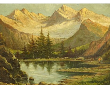 20thC Continental School. Alpine scene and figures, oil on board, indistinctly signed, 52cm x 68cm.