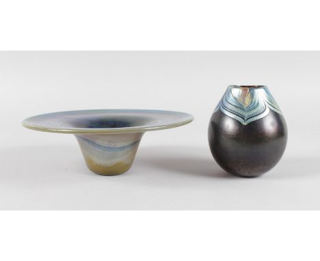 NORMAN STEWART. AN IRRIDESCENT VASE, signed, 4.5ins high, and a CIRCULAR BOWL, 8ins diameter (2).