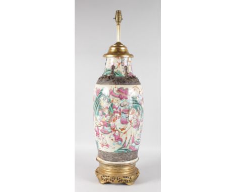 A LARGE JAPANESE PORCELAIN VASE converted to a lamp with gilt metal mounts. 32ins high.