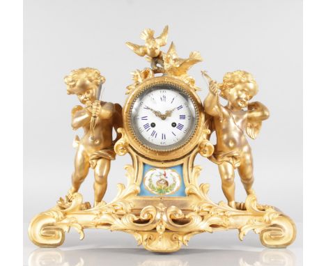 A GOOD LOUIS XVI ORMOLU AND SEVRES PORCELAIN MANTLE CLOCK, with eight-day movement, circular dial with blue and white Roman n