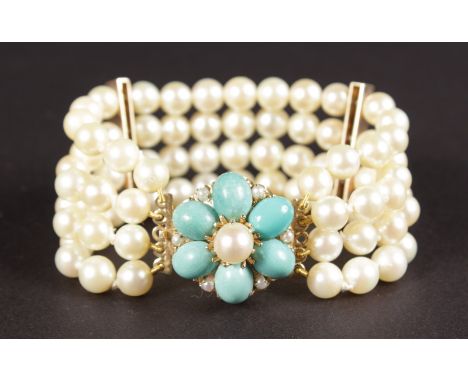 A GOOD PEARL AND TURQUOISE 9CT GOLD BRACELET.