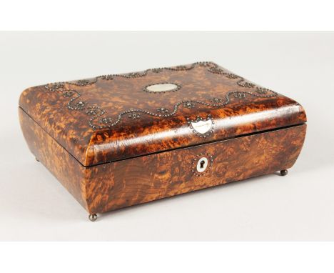 A VERY GOOD 19TH CENTURY MULBERRY SEWING BOX with studded top, opening to reveal a fitted interior with mirror, mother-of-pea