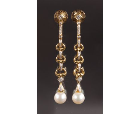 A GOOD PAIR OF 18CT YELLOW GOLD, PEARL AND DIAMOND DROP EARRINGS.