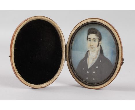 EARLY VICTORIAN SCHOOL Portrait miniature of a young gentleman in a dark coat and white cravat. Image 3ins x 2.5ins, in a fol