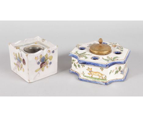 A FRENCH FAIENCE SQUARE  INKWELL, 3ins, and ANOTHER SHAPED, 4.5ins (2).