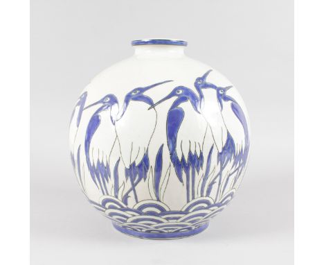 A LARGE ART DECO DESIGN BULBOUS VASE "KERALOUVE". decorated with a band of penguins in blue. 12ins high.