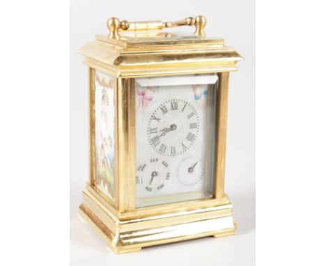 A MULTI DIAL SEVRES BRASS CARRIAGE CLOCK. 3ins high.