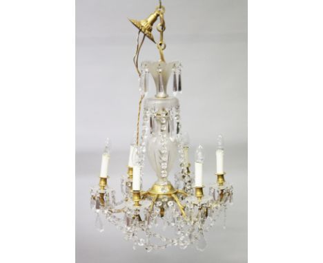A GOOD LOUIS XVI DESIGN FROSTED CRYSTAL AND ORMOLU SIX LIGHT HANGING CHANDELIER with cut crystal prism drops and garlands. 27
