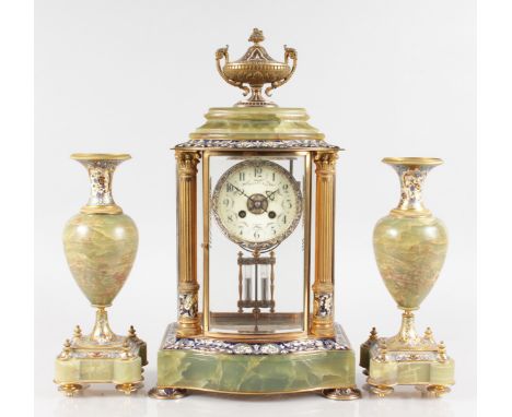 A VERY GOOD 19TH CENTURY FRENCH CHAMPLEVE ENAMEL THREE PIECE CLOCK GARNITURE, Retailed by MACKAY BROS., DUNDEE, the superb cl