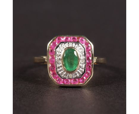 A 9CT YELLOW GOLD ART DECO DESIGN RUBY, DIAMOND AND EMERALD RING.