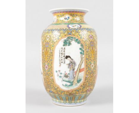 A CANTON STYLE PORCELAIN VASE with four painted panels and calligraphy. 7.5ins high.