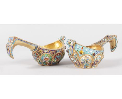 A GOOD PAIR OF RUSSIAN SILVER AND ENAMEL QUAICH, stamped 1873, 84.  5.25ins long.