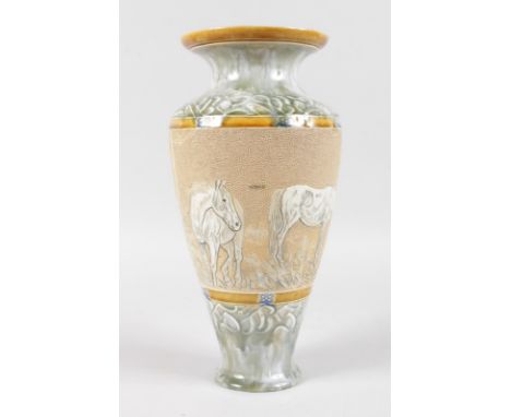 A DOULTON LAMBETH STONEWARE VASE, painted and incised decoration of four horses by HANNAH B. BARLOW. 12ins high.