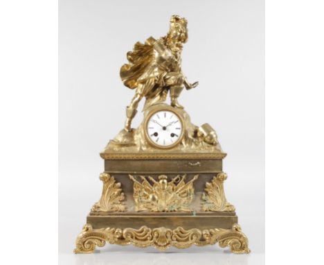 A 19TH CENTURY FRENCH ORMOLU MANTLE CLOCK with circular dial, eight-day movement, surmounted by a man holding a sword, the ba