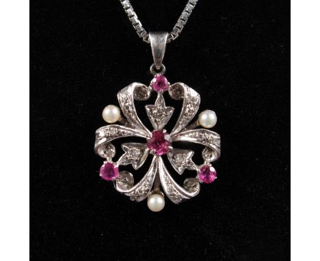 A 9CT WHITE GOLD, SAPPHIRE AND PEARL PENDANT AND CHAIN.