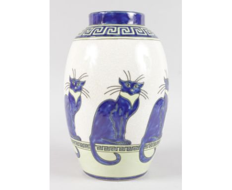 AN ART DECO DESIGN VASE "KERALOUVE", decorated with a band of six blue cats and two key pattern bands. 11.5ins high.