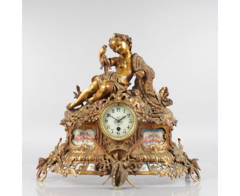 A GOOD LOUIS XVI ORMOLU AND SEVRES PORCELAIN MANTLE CLOCK, with eight-day movement, cream dial, the case with a young girl ca