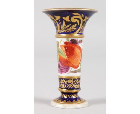 AN EARLY 19TH CENTURY RARE CHARLES BOURNE MINIATURE VASE painted with flowers between two blue borders, CB/182 in red. 3ins t