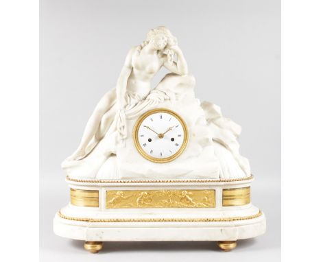 A SUPERB 19TH CENTURY FRENCH CARVED WHITE MARBLE MANTLE CLOCK, the case as a superb carved white marble reclining nude, with 