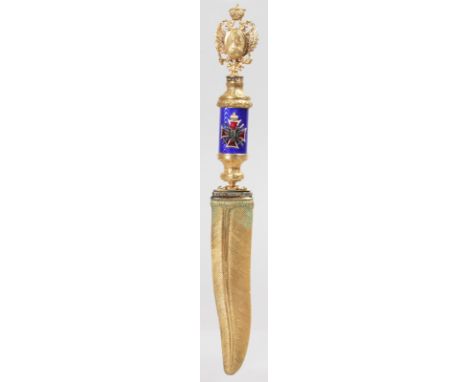 A SUPERB FABERGE STYLE SILVER AND ENAMEL FEATHER DESIGN LETTER OPENER with diamonds and blue enamel. 10ins long.