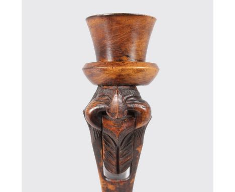 A GOOD 19TH CENTURY CARVED WOOD NUT CRACKER, a cockerel wearing a top hat. 7.5ins long.