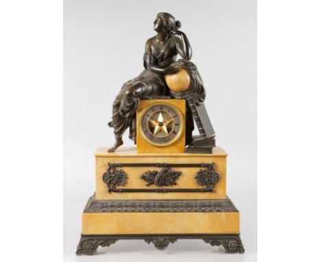 A GOOD 19TH CENTURY FRENCH LOUIS XVI DESIGN MANTLE CLOCK, Retailed by J. EDMOND, in a gilt metal case with painted SEVRES pan