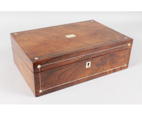 A 19TH CENTURY ROSEWOOD WRITING SLOPE with mother-of-pearl inlay and fitted interior. 1ft 2ins wide.