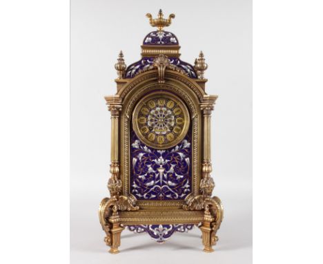 A SUPERB 19TH CENTURY FRENCH CHAMPLEVE ENAMEL MANTLE CLOCK, Retailed by MILLER & SONS, with eight-day movement, No. 22583, st