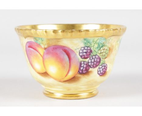 A ROYAL WORCESTER FRUIT PAINTED GADROON BORDERED BOWL, signed by A. Bayley, black mark.