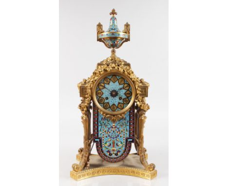 A VERY GOOD 19TH CENTURY FRENCH CHAMPLEVE ENAMEL CLOCK, with urn finial, ribbon motifs and garlands, on a shaped base, the ei