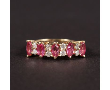 A 14CT YELLOW GOLD, RUBY AND DIAMOND HOOP RING.