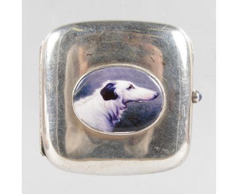 A SILVER CASE with enamel of a dog.
