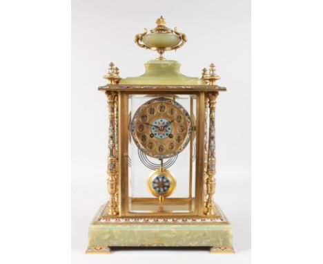 A GOOD LARGE 19TH CENTURY FRENCH ONYX AND CHAMPLEVE ENAMEL CLOCK with eight-day movement, urn finial and column sides and bev